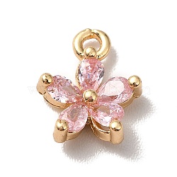 Brass Cubic Zirconia Flower Charms, Real 18K Gold Plated, Bauhinia Charm, Pink, 10x8x3mm, Hole: 1.2mm(KK-O141-01G-02)