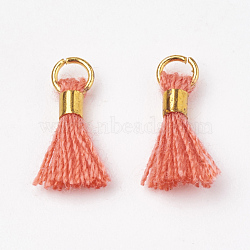 Polycotton(Polyester Cotton) Tassel Pendant Decorations, Mini Tassel, with Brass Findings, Golden, Tomato, 10~15x3~4mm, Hole: 2mm(FIND-S275-23G)