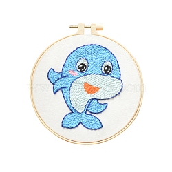 Animal Theme DIY Display Decoration Punch Embroidery Beginner Kit, Including Punch Pen, Needles & Yarn, Cotton Fabric, Threader, Plastic Embroidery Hoop, Instruction Sheet, Dolphin, 155x155mm(SENE-PW0003-073J)