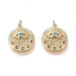 Brass Micro Pave Cubic Zirconia Hammered Pendants, with Jump Rings, Long-Lasting Plated, Flat Round with Eye, Colorful, Real 18K Gold Plated, 17x15x2.5mm, Jump Rings: 5x0.8mm, 3.4mm Inner Diameter(X-ZIRC-L098-011G)