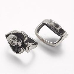 304 Stainless Steel Slide Charms, Skull, Antique Silver, 16x11.5x12mm, Hole: 7x12mm(STAS-A032-134AS)