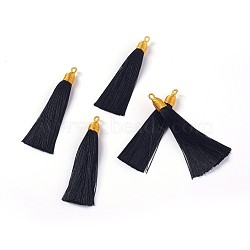 Nylon Tassel Big Pendants, with Iron Findings, Golden, Black, 86x9.5mm, Hole: 3x5mm(FIND-F008-F11)