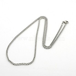 304 Stainless Steel Necklaces, Box Chain Necklace for Men, with Lobster Claw Clasps, Stainless Steel Color, 19.6 inch(50cm), 2mm, 2x2x1.5mm(NJEW-F027-41-2mm)
