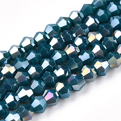 Opaque Solid Color Electroplate Glass Beads Strands, AB Color Plated, Faceted, Bicone, Marine Blue, 2.9~3.3x2.5mm, Hole: 0.7mm, about 145~150pcs/strand, 16.34~16.54 inch(41.5~42cm)(X-EGLA-A039-P2mm-B18)