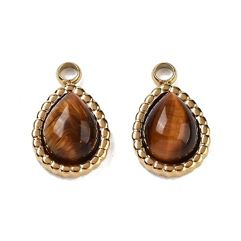 Ion Plating(IP) 304 Stainless Steel Pendants, Natural Tiger Eye Charms, Real 18K Gold Plated, Teardrop, 14x9x5mm, Hole: 1.8mm