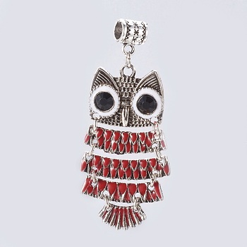 Tibetan Style Alloy European Dangle Charms, with Enamel and Rhinestone, Owl, Antique Silver, Red, 60mm, Pendant: 48x25.5x4mm, Hole: 5mm