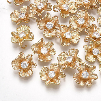 Brass Cubic Zirconia Charms, Flower, Clear, Real 18K Gold Plated, 11.5x10x4.5mm, Hole: 1.5mm