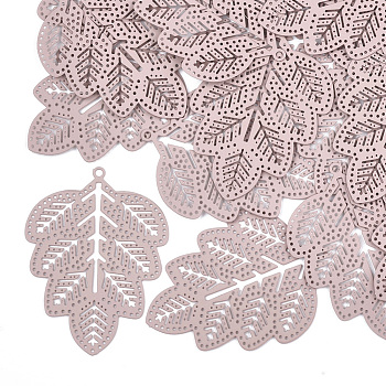 430 Stainless Steel Filigree Pendants, Spray Painted, Etched Metal Embellishments, Leaf, Pink, 45.5x34x0.3mm, Hole: 1.6mm