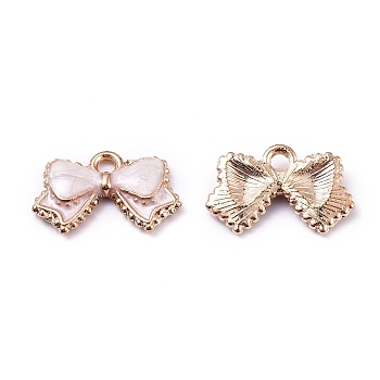 Alloy Enamel Charms, Bowknot, Light Gold, White, 9.5x15.5x2.5mm, Hole: 1.5mm
