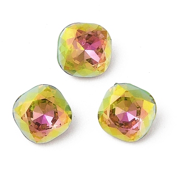 Glass Rhinestone Cabochons, Flat Back & Back Plated, Faceted, Square, Vitrail Rose, 8x8x4.3mm