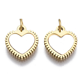 316 Surgical Stainless Steel Charms, with Shell and Jump Rings, Heart, Real 14K Gold Plated, 11x10x1.5mm, Jump Ring: 3.8x0.6mm, 2.6mm inner diameter