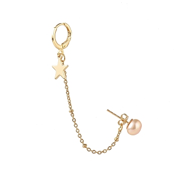 Natural Pearl Brass Crawler Ear Studs Chains, with Hoop Earring and Star Charm, PeachPuff, 85x2mm