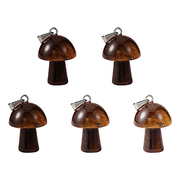5Pcs Natural Tiger Eye Pendants, with Stainless Steel Loops, Platinum, Mushroom Shaped, 24x16mm, Hole: 5mm