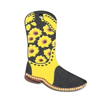 Western Cowboy Style Printed Acrylic Pendants, Boots with Chrysanthemum Pattern Charm, Shoes, 33x27.5x1.5mm, Hole: 1.6mm