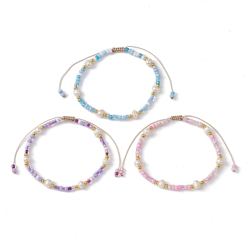 3Pcs 3 Color Natural Pearl & Glass Seed Braided Bead Bracelets Set, Nylon Adjustable Bracelets, Mixed Color, Inner Diameter: 2-1/8~3-1/2 inch(5.3~8.85cm), 1Pc/style