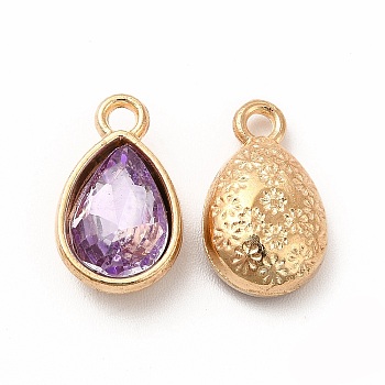 Faceted Glass Rhinestone Pendants, with Golden Tone Zinc Alloy Findings, Teardrop Charms, Lilac, 15x9x5mm, Hole: 2mm