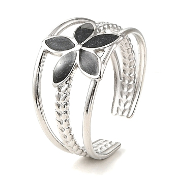 Flower 304 Stainless Steel Enamel Open Cuff Rings for Women, Stainless Steel Color, 12.5mm, Inner Diameter: Adjustable
