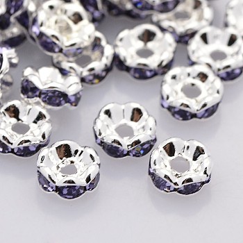 Brass Rhinestone Spacer Beads, Grade AAA, Wavy Edge, Nickel Free, Silver Color Plated, Rondelle, Tanzanite, 6x3mm, Hole: 1mm