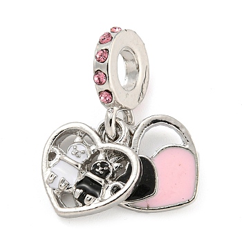 Rack Plating Alloy Enamel Heart European Dangle Charms, Large Hole Pendants, with Rhinestone, Platinum, Cadmium Free & Nickel Free & Lead Free, Pearl Pink, 25mm, Hole: 5mm, Heart: 13.5x12x2mm and 13.5x12.5x2mm
