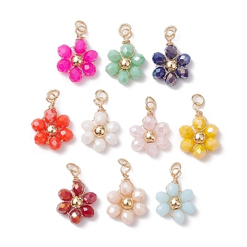 10Pcs 10 Colors Opaque Glass Beaded Pendants, with Real 18K Gold Plated Wire Wrapped Findings, Flower Charms, Mixed Color, 16~17x11~11.5x4mm, Hole: 3mm, 1Pc/color