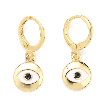 Brass Huggie Hoop Earrings, with Enamel, Flat Round with Eye, White & Black, Real 18K Gold Plated, 25~26mm, Pin: 0.9mm
