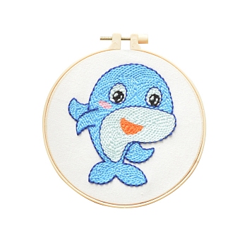 Animal Theme DIY Display Decoration Punch Embroidery Beginner Kit, Including Punch Pen, Needles & Yarn, Cotton Fabric, Threader, Plastic Embroidery Hoop, Instruction Sheet, Dolphin, 155x155mm