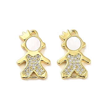 Brass Micro Pave Clear Cubic Zirconia Prince Connector Charms, with Shell, Boy Links, Real 18K Gold Plated, 18x12x2.5mm, Hole: 1mm