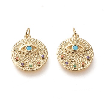 Brass Micro Pave Cubic Zirconia Hammered Pendants, with Jump Rings, Long-Lasting Plated, Flat Round with Eye, Colorful, Real 18K Gold Plated, 17x15x2.5mm, Jump Rings: 5x0.8mm, 3.4mm Inner Diameter
