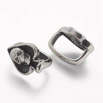 304 Stainless Steel Slide Charms, Skull, Antique Silver, 16x11.5x12mm, Hole: 7x12mm