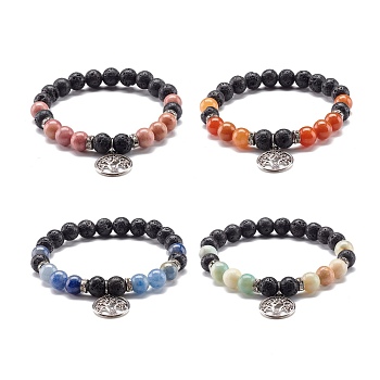 Round Natural Mixed Gemstone Beads Stretch Bracelet, Tree of Life Flat Round Alloy Charm Bracelet, Energy 7 Chakra Jewelry for Her, Inner Diameter: 2-1/4 inch(5.8cm)