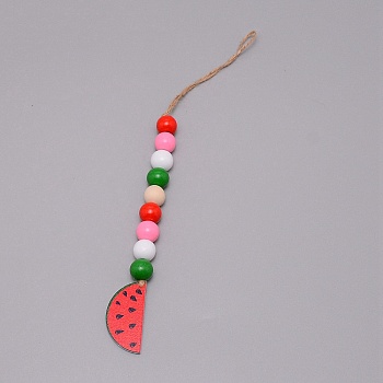 Wooden Watermelon Pendant Decorations, with Wooden Beads & Hemp Rope, Colorful, 295mm