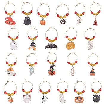 Halloween Alloy Enamel Wine Glass Charms, with Acrylic Beads, Mixed Shapes, Mixed Color, 42~61x24~25mm, 20pcs/set
