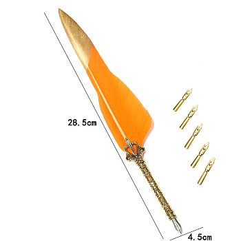 Feather Dipped Pen, with Alloy Pen Tip & Replacement Tips, for Teacher's Day, Dark Orange, 285x45mm