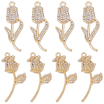 SUPERFINDINGS 16Pcs 2 Style  Rack Plating Alloy Pendants, with Crystal Rhinestone, Cadmium Free & Lead Free, Flower, Light Gold, 32.5~35x12~20x3~4.5mm, Hole: 1.6mm, 8pcs/style