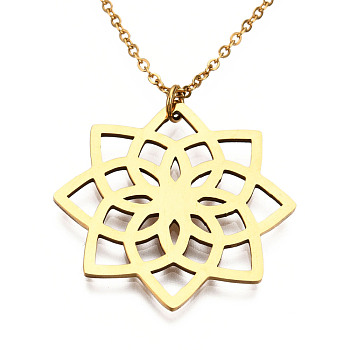 201 Stainless Steel Pendant Necklaces, with Cable Chains, Lotus, Golden, 17.5 inch~17.9 inch(44.5~45.5cm), 1.5mm, Lotus: 29.5x29.5x1mm