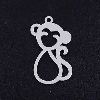 201 Stainless Steel Pendants, Monkey, Hollow, Stainless Steel Color, 23.5x13.5x1mm, Hole: 1.5mm