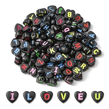 Craft Style Acrylic Beads, Horizontal Hole, Heart with Random Mixed Letters, Mixed Color, 6.5x6.5x4mm, Hole: 1.5mm