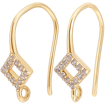 10Pcs Brass Micro Pave Clear Cubic Zirconia Earring Hooks, Ear Wire, Hollow Out Rhombus, Real 18K Gold Plated, 16x6mm, Hole: 1mm, Pin: 0.6mm