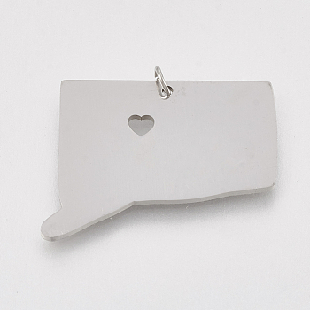201 Stainless Steel Pendants, Map of Connecticut, Stainless Steel Color, 21x26x1mm, Hole: 3mm