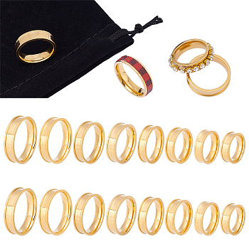 16Pcs 8 Size 201 Stainless Steel Grooved Finger Ring for Men Women, Golden, US Size 5 1/4(15.9mm)~US Size 14(23mm), 2Pc/size
