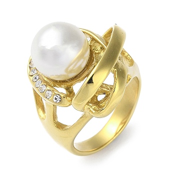 Ion Plating(IP) 304 Stainless Steel Rhinestone Wide Band Rings, Plastic Imitation Pearl Rings for Women, Golden, US Size 7(17.3mm)