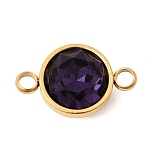 304 Stainless Steel with Faceted K9 Glass Birth Stone Flat Round Links Connector Charms, Golden, Ion Plating(IP), Indigo, 19.5x12x7mm, Hole: 2.7mm(STAS-F139-042G-A02)