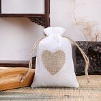 Linenette Drawstring Bags, Rectangle with Heart Pattern, Ghost White, 14x10cm(CON-PW0001-083A)