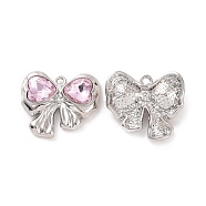 Rack Plating Alloy Glass Pendants, Platinum Tone Bowknot & Heart Charms, Cadmium Free & Lead Free & Nickle Free, Pearl Pink, 20x22.5x5mm, Hole: 1.5mm(FIND-I037-40P-03)