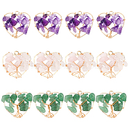 12Pcs 3 Styles Natural Gemstone Pendants, Natural Rose Quartz & Amethyst & Green Aventurine, with Real 18K Gold Plated Brass Findings and Copper Wire Wrapped, Heart with Tree, 25.5x27x8mm, Hole: 2.6mm, about 4pcs/style(FIND-FH0004-67)