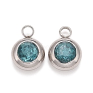 304 Stainless Steel Charms, Flat Round with Glass Rhinestone, Stainless Steel Color, Teal, 14x10x6mm, Hole: 2.5mm(STAS-G133-13I)
