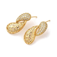 Hollow Teardrop Brass Micro Pave Clear Cubic Zirconia Dangle Stud Earrings, Long-Lasting Plated, Cadmium Free & Lead Free, Real 18K Gold Plated, 28x12.5mm(EJEW-Q785-16G)