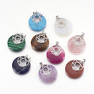 Natural & Synthetic Gemstone Pendants, for Jewish, with Platinum Tone Brass Findings, Flat Round with Star of David, 32x28x7mm, Hole: 4x5mm(KK-F751-H)