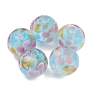 Round Lampwork Beads, Plum Flower Petal Pattern, with Hole, Aqua, 12mm, Hole: 1.8mm(LAMP-H059-A04)