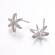 Brass Micro Pave Cubic Zirconia Ear Stud Components, Snowflake, Clear, Platinum, 16x14x5mm, Pin: 0.7mm(EJEW-O089-01P)